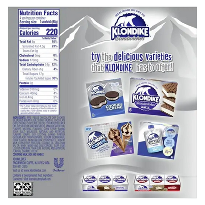Klondike Mrs. Fields Cookie Ice Cream Sandwich, 4ct.