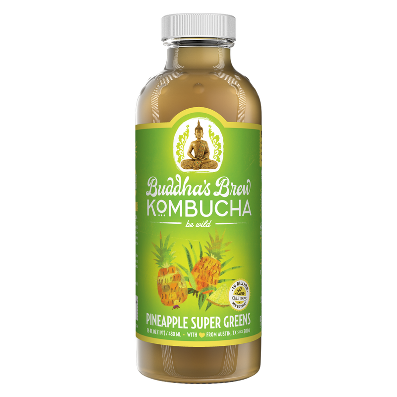 Buddha's Brew Pineapple Super Greens Kombucha 16oz Glass Bottle