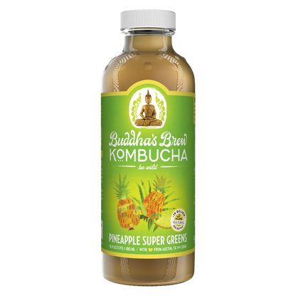 Buddha's Brew Pineapple Super Greens Kombucha 16oz Glass Bottle