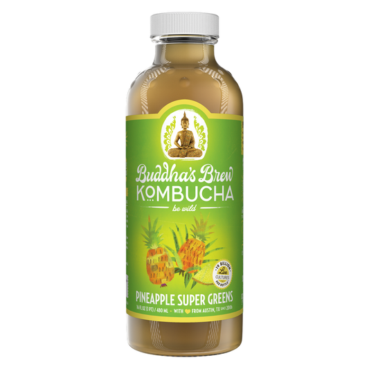 Buddha's Brew Pineapple Super Greens Kombucha 16oz Glass Bottle