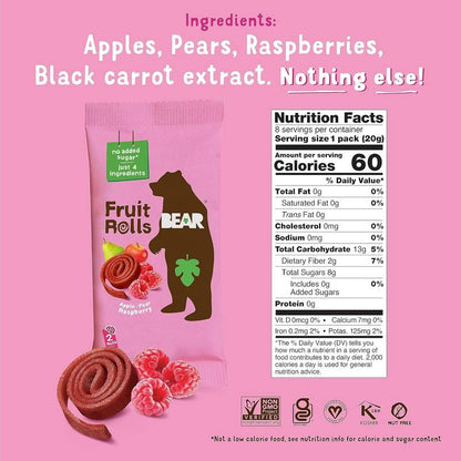 Bear Strawberry & Raspberry Fruit Rolls, 12 pack