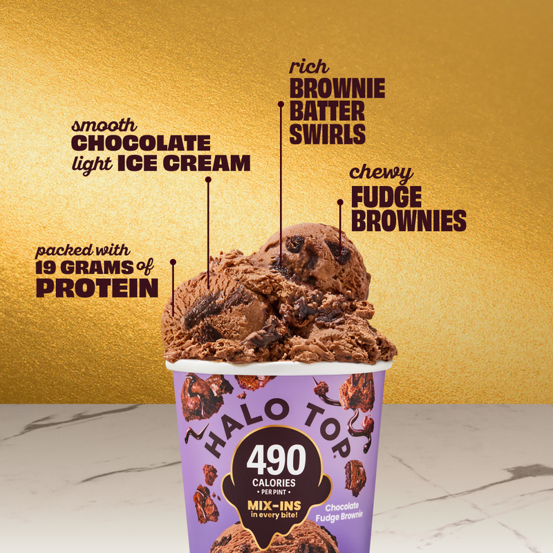 Halo Top Chocolate Fudge Brownie Light Ice Cream, Lower Calorie Frozen Dessert Pint, 16 fl oz