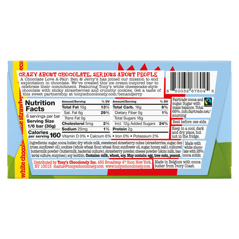 Tony's Chocolonely and Ben & Jerry's Love A-Fair White Chocolate Strawberry Cheesecake Bar 6.35oz
