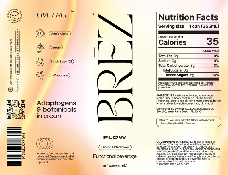 Brez Flow Lion's Mane & Black Cumin Seed Social Tonic 8pk 12oz Can Lemon Elderflower