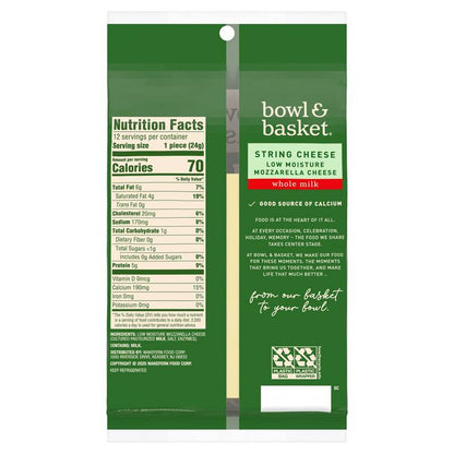 Bowl & Basket Low Moisture Whole Milk Mozzarella String Cheese - 12ct