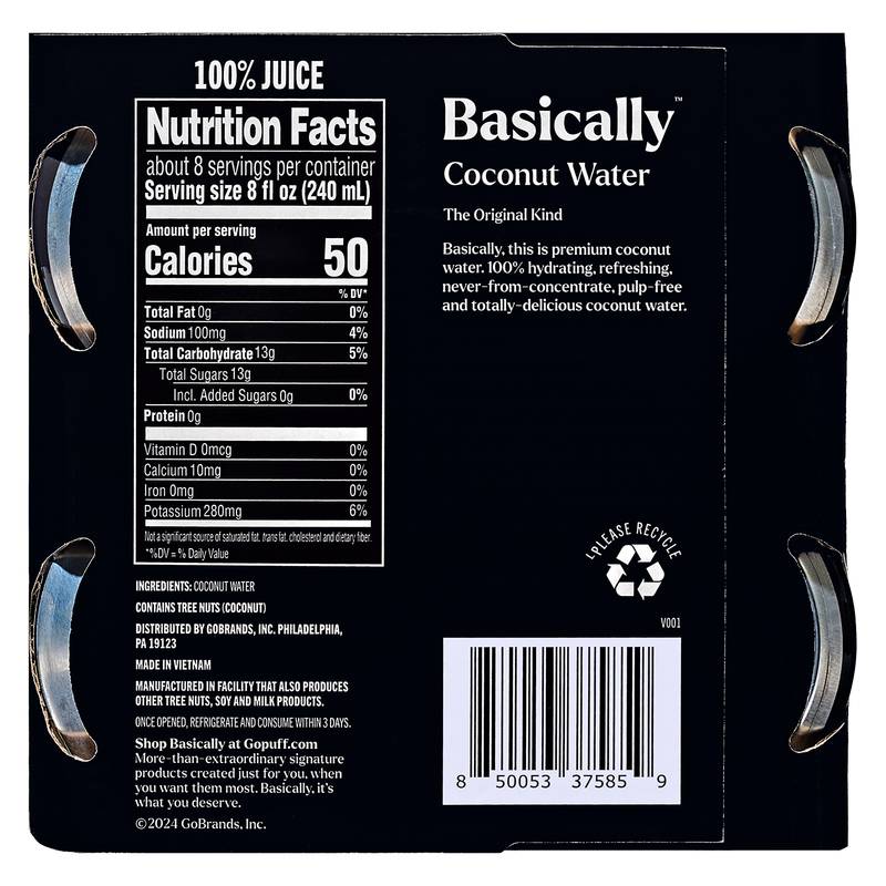 Basically Premium Coconut Water 4pk 16.9oz Can