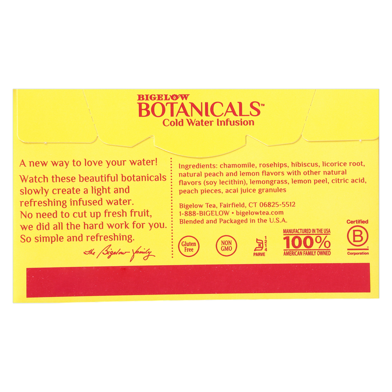 Bigelow Botanicals Peach Lemonade Acai Cold Water Infusion Caffeine Free Tea Bags 18ct Box