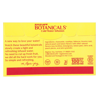 Bigelow Botanicals Peach Lemonade Acai Cold Water Infusion Caffeine Free Tea Bags 18ct Box