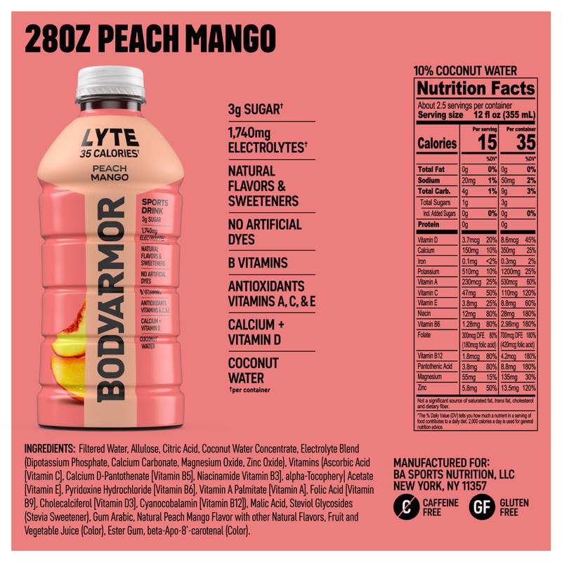 BODYARMOR LYTE Peach Mango Sports Drink 28oz Btl
