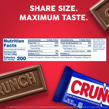 CRUNCH Milk Chocolate and Crisped Rice, Share Size Candy Bars, 2.7 oz