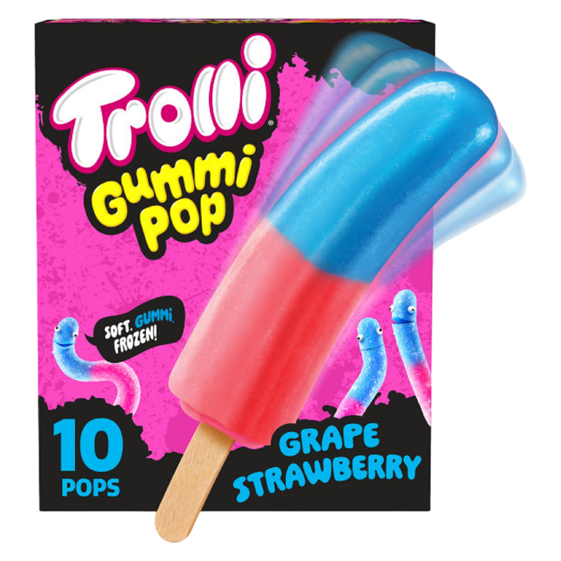 Trolli Frozen Gummi Ice Pops Chewy Sour Gummy Candy Frozen Dessert Snacks, Grape Strawberry, 10 Count