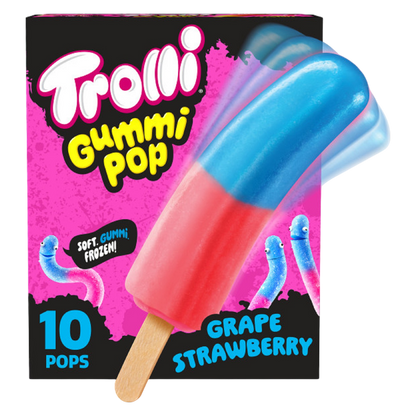 Trolli Frozen Gummi Ice Pops Chewy Sour Gummy Candy Frozen Dessert Snacks, Grape Strawberry, 10 Count