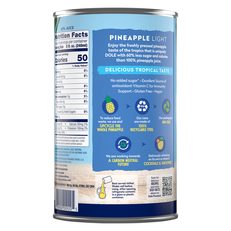 Dole Light Pineapple Juice 46oz Can