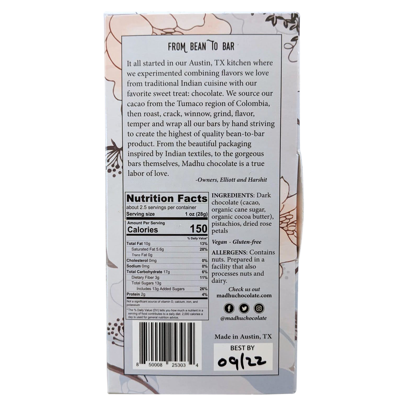 Madhu Chocolate 50% Cacao Rose Pistachio Bar 2.6oz