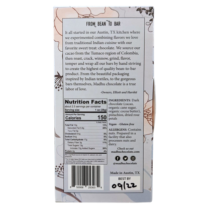 Madhu Chocolate 50% Cacao Rose Pistachio Bar 2.6oz