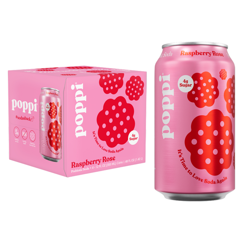 Poppi Prebiotic Soda Raspberry Rose 4pk 12oz Can- XL