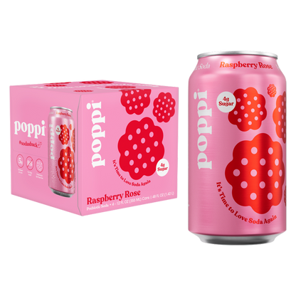 Poppi Prebiotic Soda Raspberry Rose 4pk 12oz Can- XL