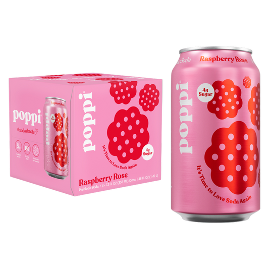 Poppi Prebiotic Soda Raspberry Rose 4pk 12oz Can- XL