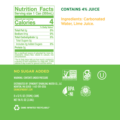 Spindrift Sparkling Water Lime 16oz Can