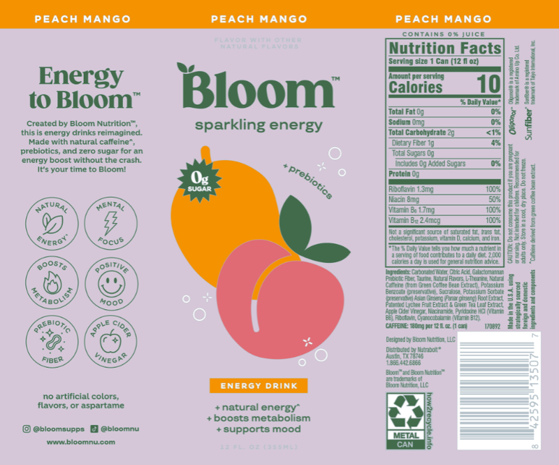 Bloom Peach Mango Sparkling Energy 12oz Can