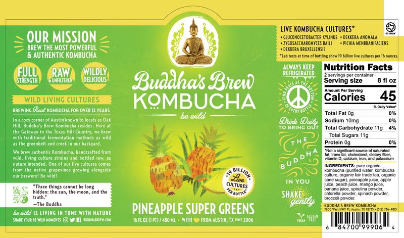 Buddha's Brew Pineapple Super Greens Kombucha 16oz Glass Bottle