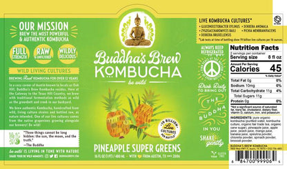 Buddha's Brew Pineapple Super Greens Kombucha 16oz Glass Bottle