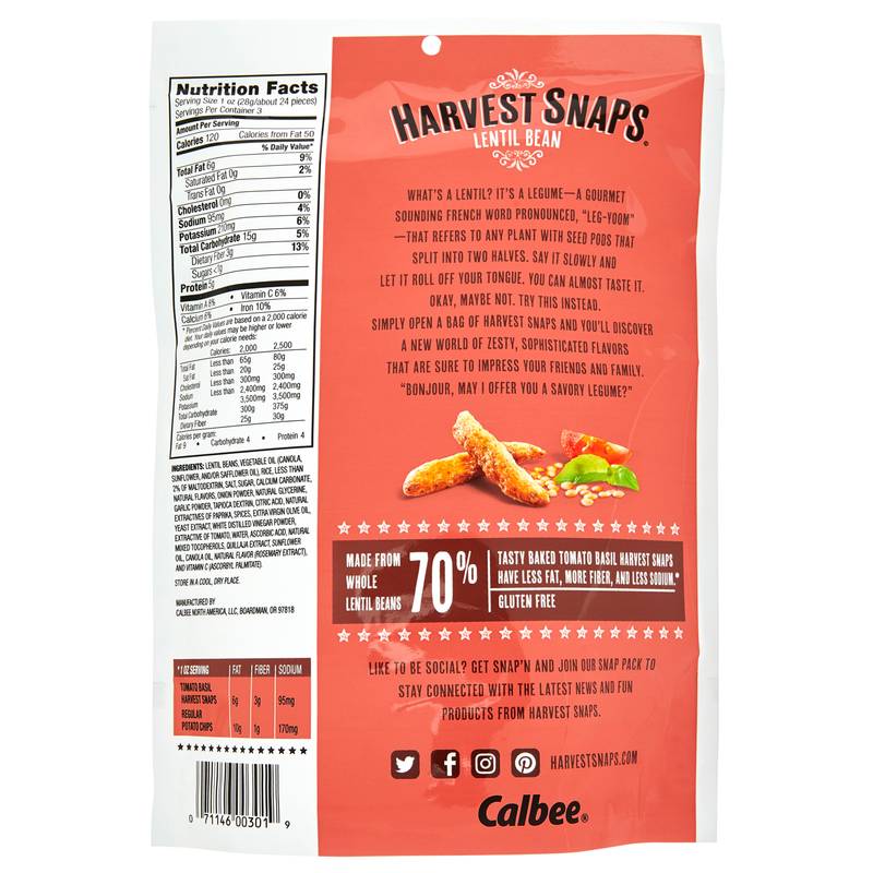 Harvest Snaps Tomato Basil Lentil Bean Crisps 3oz