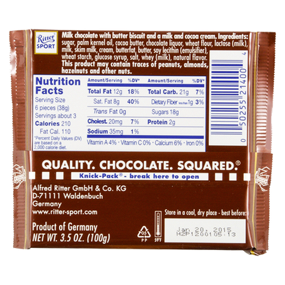 Ritter Sport Milk Chocolate Bar With Butter Bisquit 3.5oz