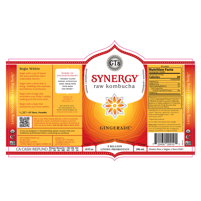 GT's SYNERGY Gingerade Kombucha 10oz Bottle